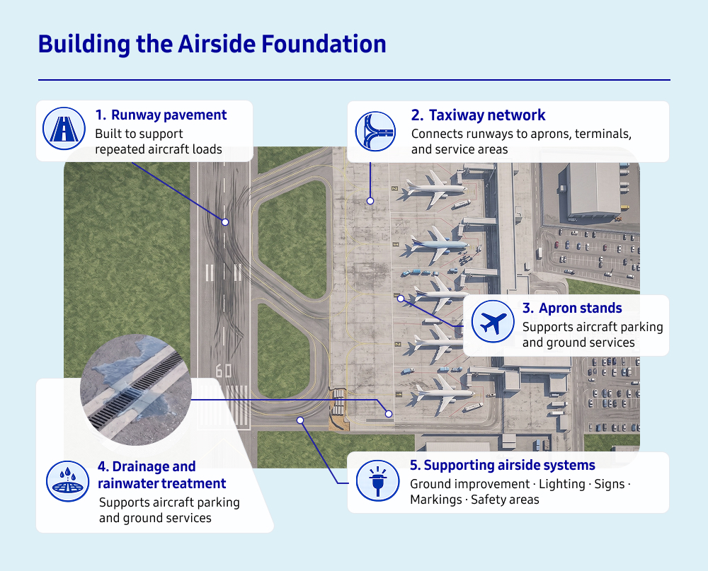 Building the Airside Foundation The airside area forms the technical foundation of an airport. This is where aircraft take off, land, taxi, park, load, unload, and prepare for their next journey. From a construction perspective, this area includes some of the most demanding civil engineering work within an airport project.
