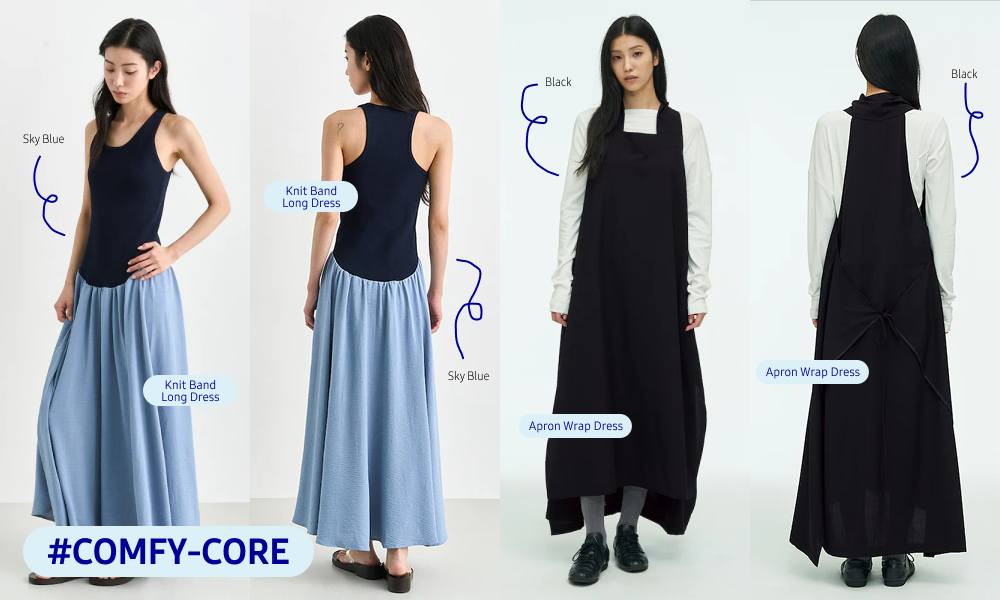 'anggae' knit-banded and apron-style dresses emphasize comfort, movement, and simple layering