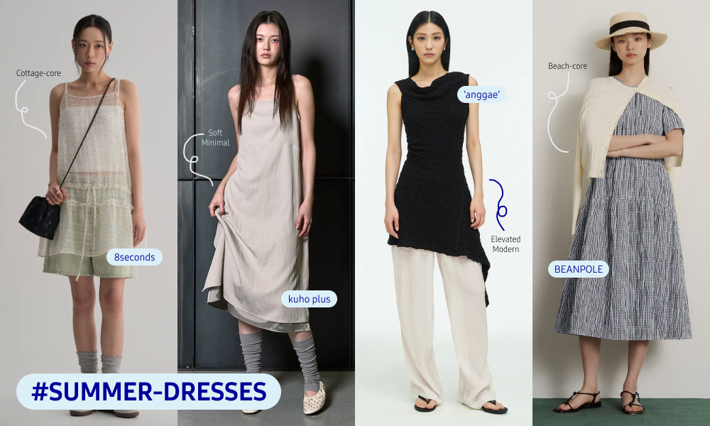 8seconds, kuho plus, 'anggae', and Beanpole present distinct approaches to Summer 2026 dress styling, from playful layering and minimal silhouettes to classic warm-weather designs