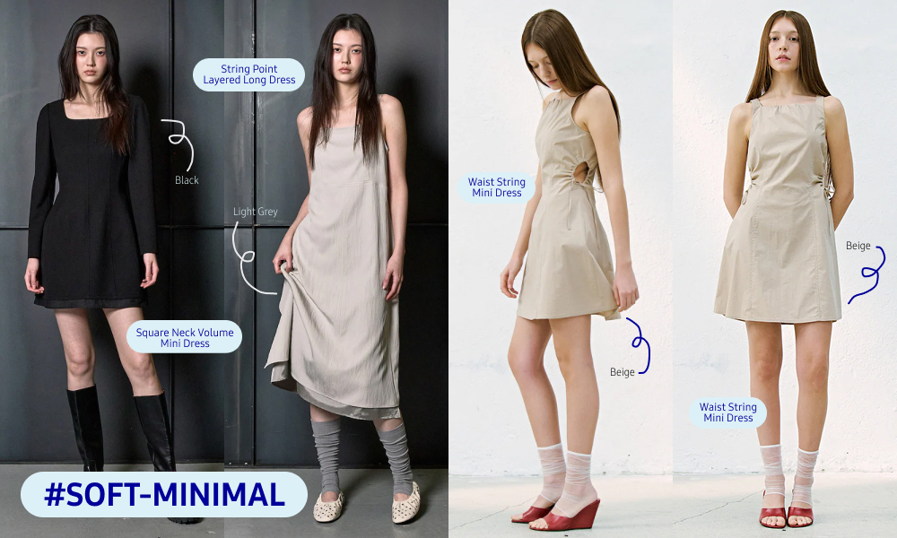 kuho plus neutral dresses use square necklines, layered construction, and waist details to create understated summer silhouettes