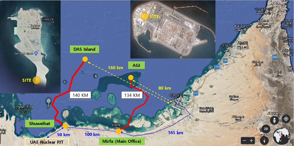 Annotated satellite map showing the UAE HVDC project’s onshore and offshore locations, including Shuweihat, Mirfa, Das Island and AGI, as well as transmission routes and distances between the sites.