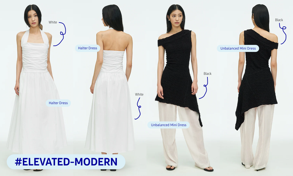 'anggae' halter and asymmetrical dresses use draping and uneven hems to add structure to minimal summer styling