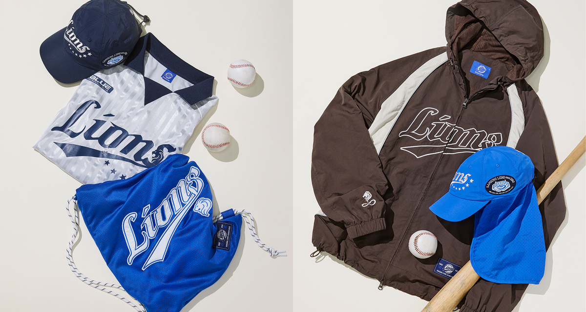 8seconds x Samsung Lions collaboration apparel and accessories arranged with baseballs and a bat, including logo jerseys, drawstring bags, caps, and a brown hooded windbreaker.