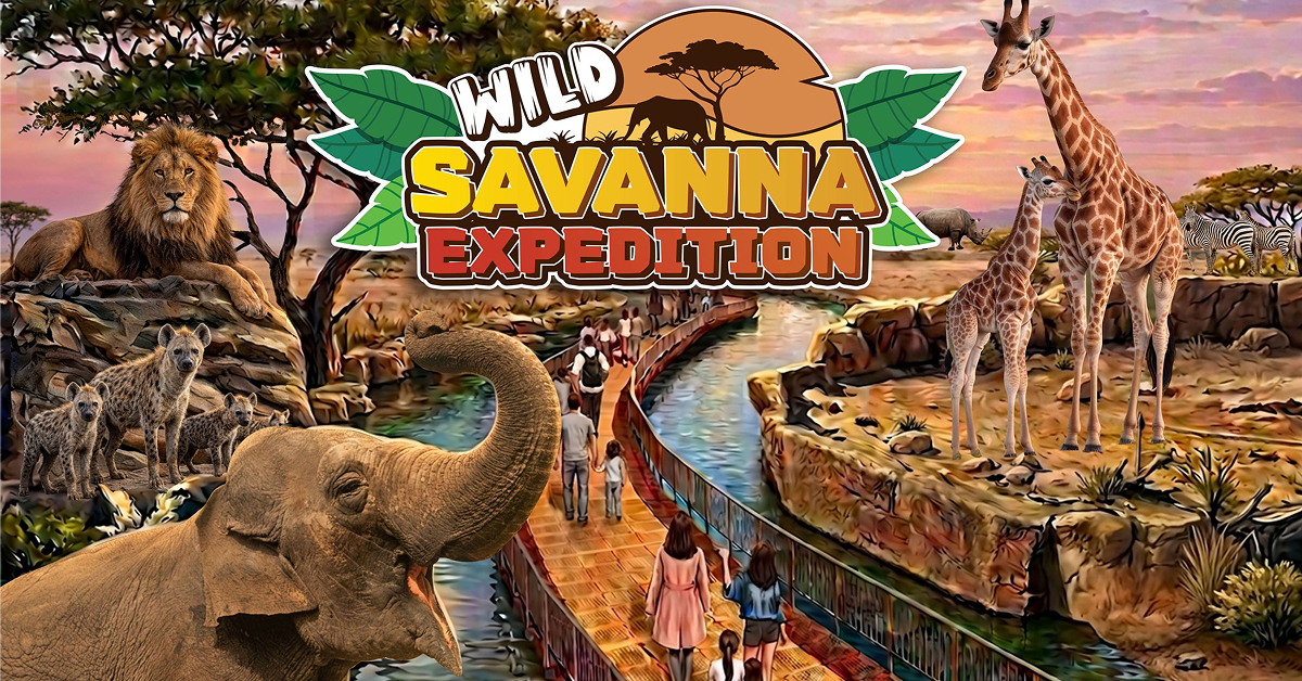 Illustration of visitors walking along a boardwalk through Everland’s Wild Savanna Expedition, surrounded by giraffes, elephants, lions, hyenas, zebras, and other wildlife.