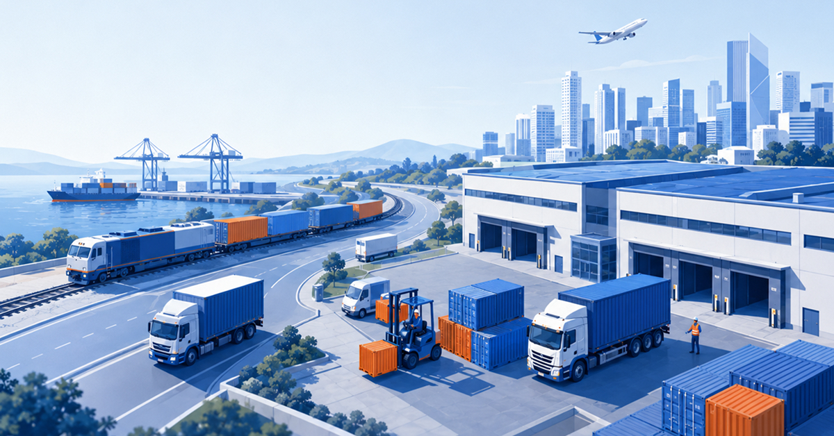 Illustration of a regional production and logistics network, with manufacturing facilities connected to nearby urban markets through road and rail infrastructure