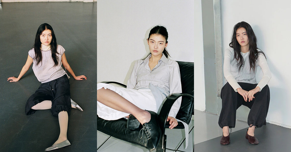 Three side-by-side images show models wearing layered looks from ‘anggae’s’ 2026 Fall/Winter collection, including a brown jacket with a gray knit, a navy pleated top and a white cardigan with gray trousers.