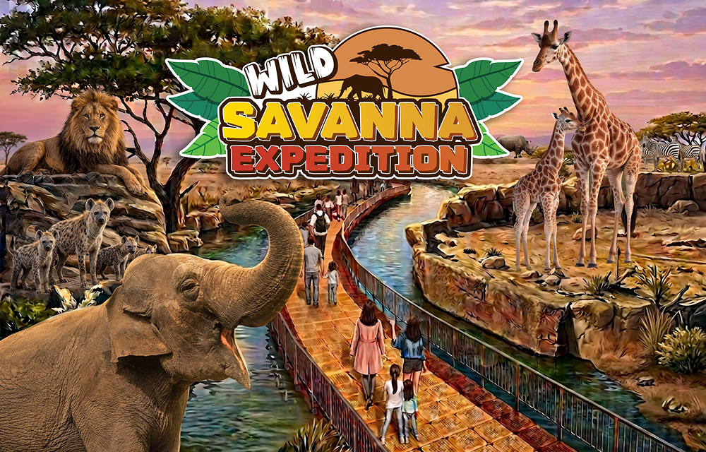 Illustration of visitors walking along a boardwalk through Everland’s Wild Savanna Expedition, surrounded by giraffes, elephants, lions, hyenas, zebras, and other wildlife.