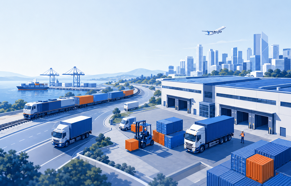 Illustration of a regional production and logistics network, with manufacturing facilities connected to nearby urban markets through road and rail infrastructure