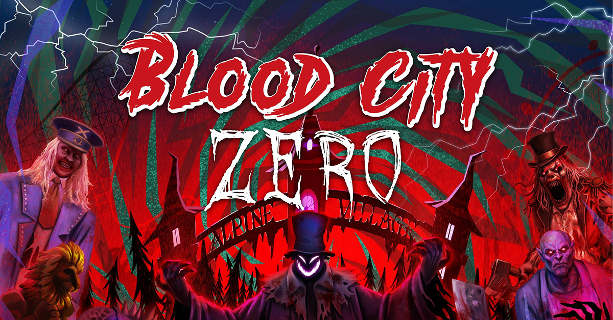 Illustrated Blood City Zero poster featuring zombies and horror characters surrounding the red Hell Gate logo.