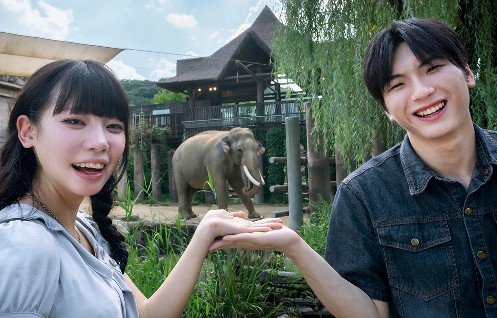 Two smiling visitors gesture toward an elephant standing in a green habitat at Everland’s Wild Savanna Expedition.