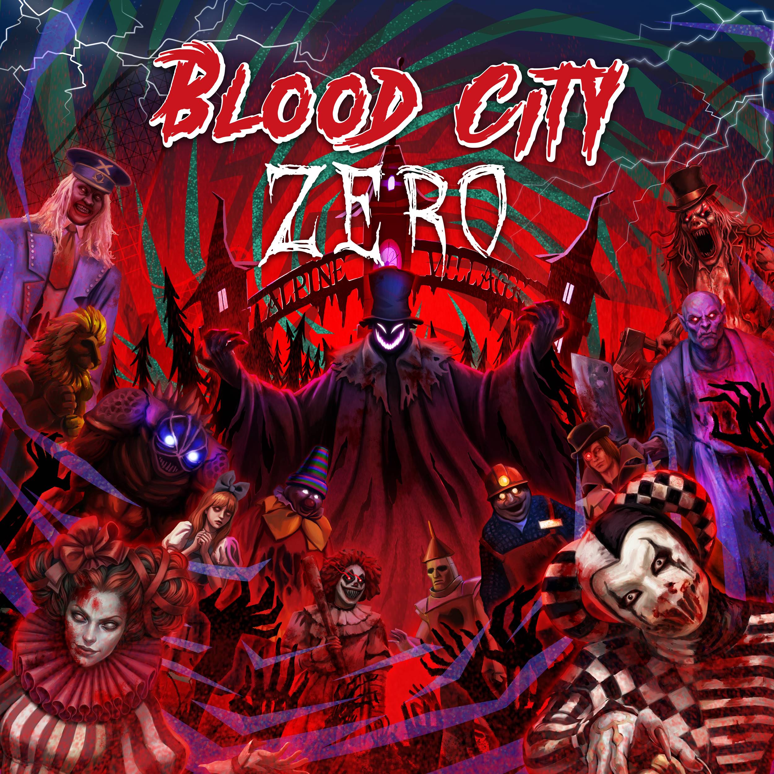 Illustrated Blood City Zero poster featuring zombies and horror characters surrounding the red Hell Gate logo.