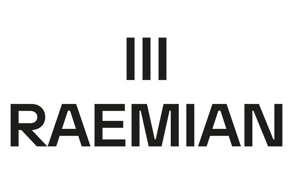 Raemian’s new horizontal brand identity features three black vertical lines above the RAEMIAN wordmark in bold black lettering on a white background.