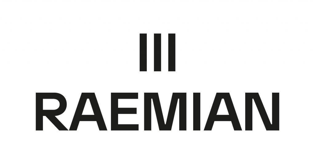 Raemian’s new horizontal brand identity features three black vertical lines above the RAEMIAN wordmark in bold black lettering on a white background