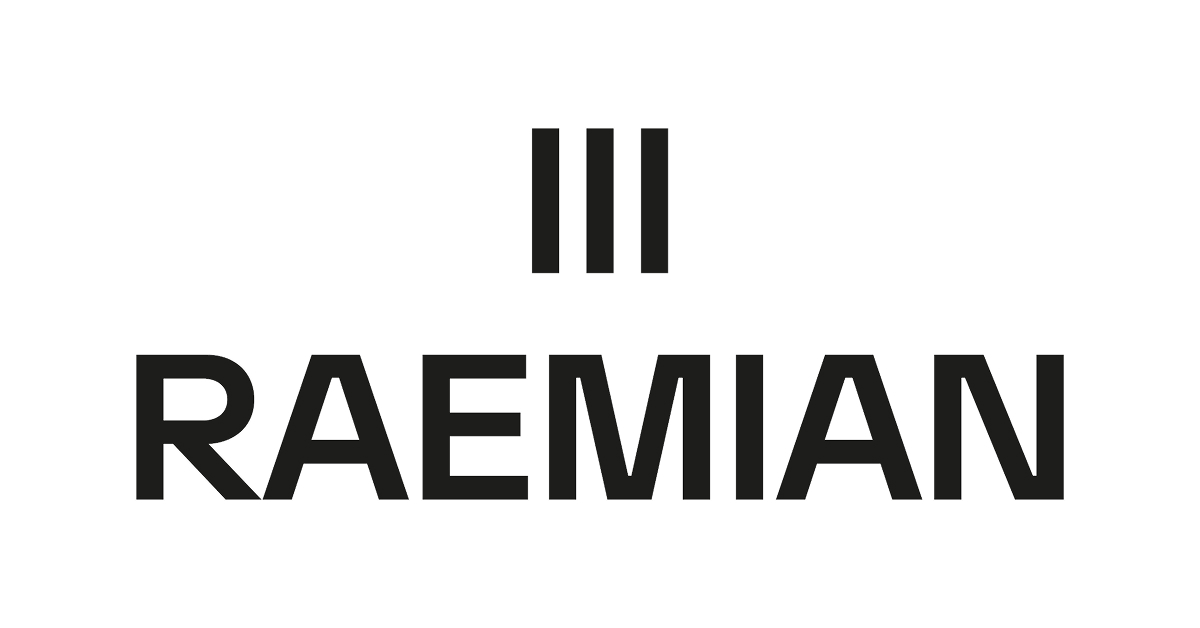 Raemian’s new horizontal brand identity features three black vertical lines above the RAEMIAN wordmark in bold black lettering on a white background