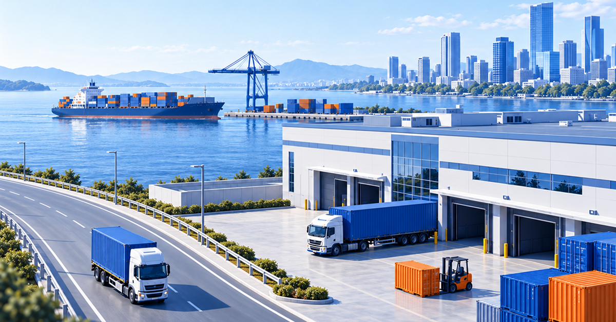 Illustration of a manufacturing and logistics hub with trucks, shipping containers, a cargo vessel, and a nearby city, representing interconnected production and trade networks across trusted markets.