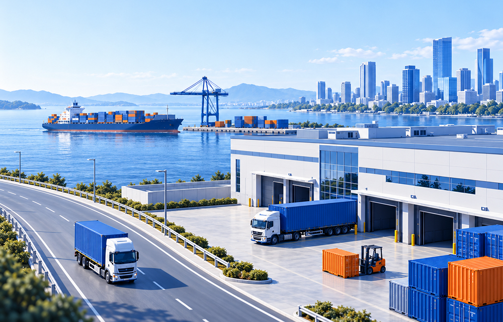 Illustration of a manufacturing and logistics hub with trucks, shipping containers, a cargo vessel, and a nearby city, representing interconnected production and trade networks across trusted markets.