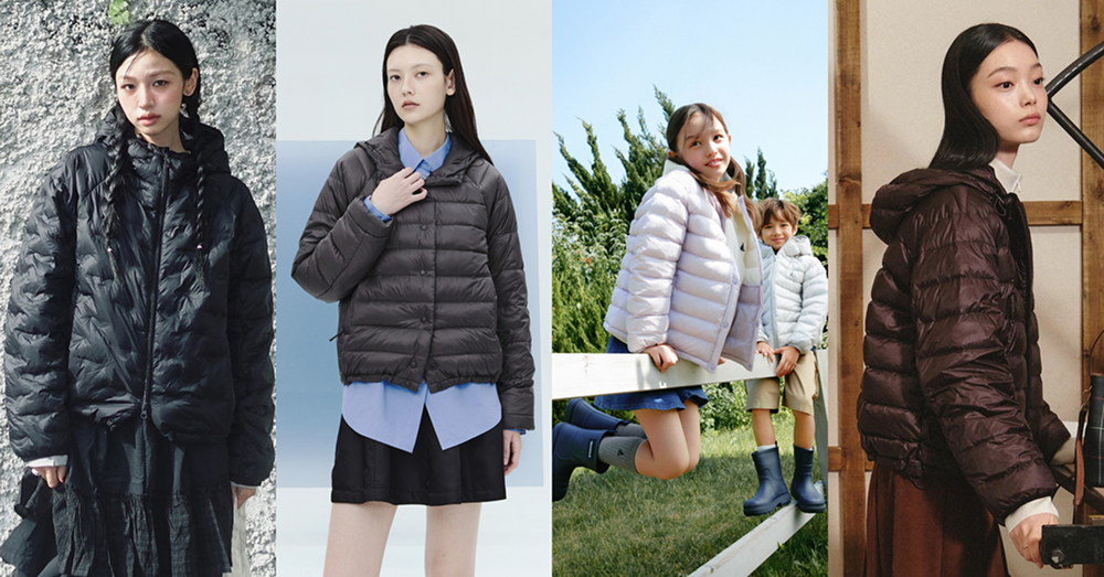 A four-image editorial collage shows women and children wearing lightweight puffer looks in soft neutral tones